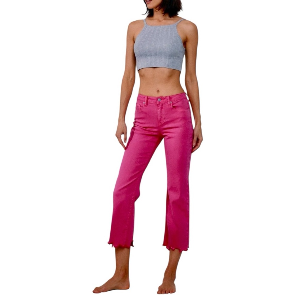 Sneak Peek Hot Pink Mid Rise Kick Flare Jeans size 18 NWT Cropped Raw Hem